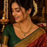 Antique Gold Temple Necklace Set with Green Stone Pendant & Floral Earrings