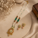 Antique Gold Pearl Long Necklace Set with Ruby & Emerald Stones