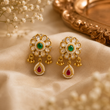 Antique Gold Pearl Long Necklace Set with Ruby & Emerald Stones