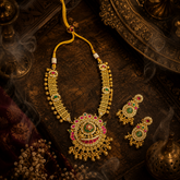 Antique Gold Polish Temple Necklace Set with Ruby, sea green & AD Stones