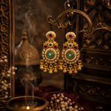 Antique Gold Polish Temple Necklace Set with Ruby, sea green & AD Stones