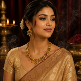 Traditional Gold Polish Temple Choker Set with Ruby & Emerald Stones