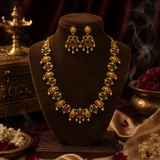 Traditional Gold Polish Temple Choker Set with Ruby & Emerald Stones