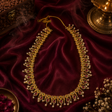 Traditional Gold Polish Long Temple Necklace Set with Ruby, Emerald & Pearl Detailing