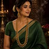 Traditional Gold Polish Long Temple Necklace Set with Ruby, Emerald & Pearl Detailing