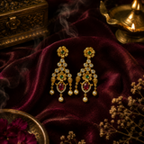 Traditional Gold Polish Long Temple Necklace Set with Ruby, Emerald & Pearl Detailing