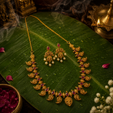 Antique Gold Polish Ruby Stone Temple Long Necklace Set