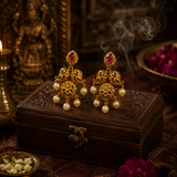 Antique Gold Polish Ruby Stone Temple Long Necklace Set