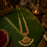 Antique Polish Ruby & Emerald Temple Long Necklace Set with Pearl Detailing