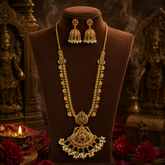 Antique Polish Ruby & Emerald Temple Long Necklace Set with Pearl Detailing