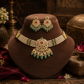 Antique Polish Pearl Choker Necklace Set with Ruby, Emerald & Kundan Pendant