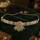 Antique Polish Pearl Choker Necklace Set with Ruby, Emerald & Kundan Pendant