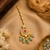 Premium Kundan Polki Wedding Necklace Set with Green Beads, Ruby Stones, Earrings & Maang Tikka