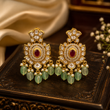 Premium Kundan Polki Wedding Necklace Set with Green Beads, Ruby Stones, Earrings & Maang Tikka