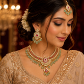Premium Kundan Polki Wedding Necklace Set with Green Beads, Ruby Stones, Earrings & Maang Tikka
