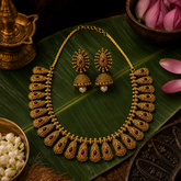 Premium Antique Gold Polish Ruby Temple Necklace Set with Jhumka Earrings