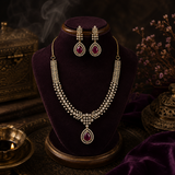 Antique Mehandi Polish AD Diamond Necklace Set with Ruby Teardrop Pendant & Matching Earrings