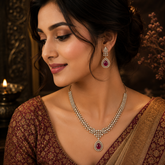 Antique Mehandi Polish AD Diamond Necklace Set with Ruby Teardrop Pendant & Matching Earrings