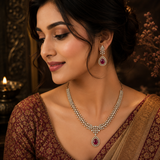 Antique Mehandi Polish AD Diamond Necklace Set with Ruby Teardrop Pendant & Matching Earrings