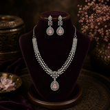 Silver Finish AD Diamond Necklace Set with Baby Pink Teardrop Stone & Matching Earrings