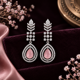 Silver Finish AD Diamond Necklace Set with Baby Pink Teardrop Stone & Matching Earrings