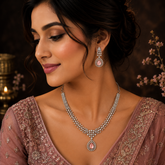 Silver Finish AD Diamond Necklace Set with Baby Pink Teardrop Stone & Matching Earrings