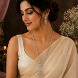 Luxury Silver Finish AD Diamond Long Necklace Set with Baby Pink Stone