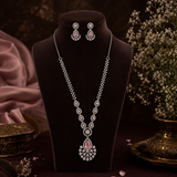 Luxury Silver Finish AD Diamond Long Necklace Set with Baby Pink Stone