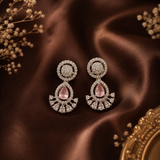 Luxury Silver Finish AD Diamond Long Necklace Set with Baby Pink Stone