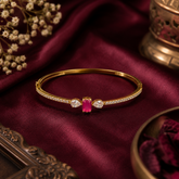 Antique Gold Polish AD Diamond Ruby Stone Open Bangle Bracelet
