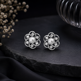 Silver Pearl Floral AD Diamond Stud Earrings