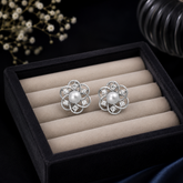 Silver Pearl Floral AD Diamond Stud Earrings