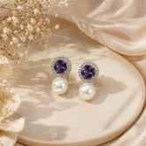Silver Polish AD Diamond Purple Stone & Pearl Drop Earrings