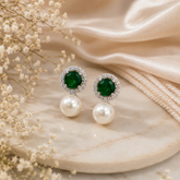 Silver Polish AD Diamond Emerald Stone & Pearl Drop Earrings