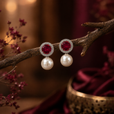 Silver Polish AD Diamond Ruby Red Stone & Pearl Drop Earrings