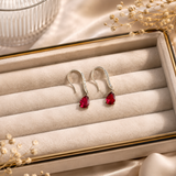 Silver AD Diamond & Ruby Red Teardrop Drop Earrings