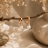 Rose Gold Pearl Hoop Earrings with AD Diamond Accent