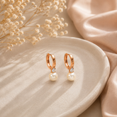 Rose Gold Pearl Hoop Earrings with AD Diamond Accent