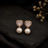 Rose Gold Heart Pearl Stud Earrings with AD Diamond