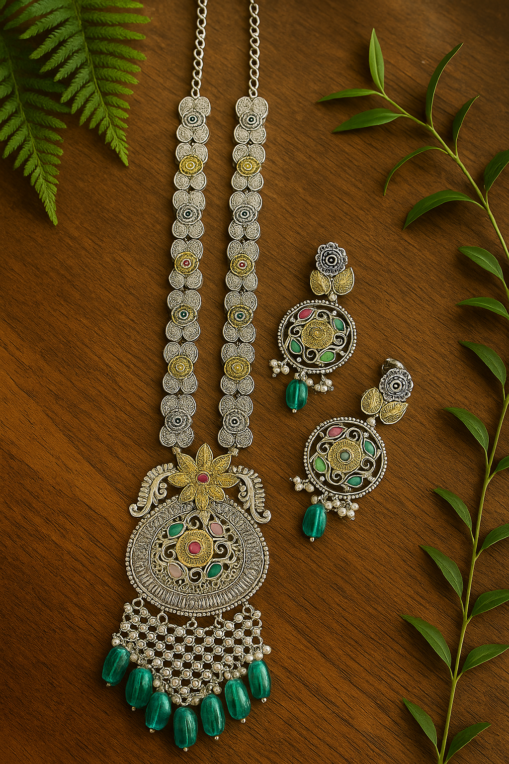 Dual tone Green stone studded Necklace