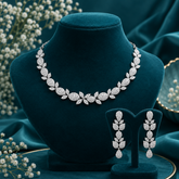 Luxury Silver Rhodium Polish AD Diamond Necklace Set with Long Earrings