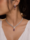 Silver Finish Ruby American Diamond Necklace Set for Women