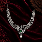 Silver Finish Emerald Green AD Necklace Set with Pearl Accents |