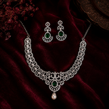 Silver Finish Emerald Green AD Necklace Set with Pearl Accents |
