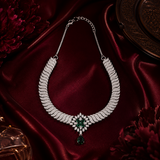 Silver Finish Emerald Green AD Diamond Necklace Set for Women