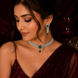 Silver Finish Emerald Green AD Diamond Necklace Set for Women