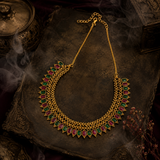 Antique Gold Finish Ruby & Emerald Stone Necklace Set with Jhumka Earrings