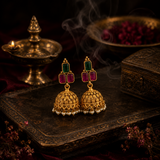 Antique Gold Finish Ruby & Emerald Stone Necklace Set with Jhumka Earrings