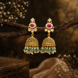 Antique Gold Polish Temple Necklace Set with Ruby Stones, Green Beads & Pearl Detailing