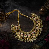 Antique Gold Polish Temple Necklace Set with Ruby Stones, Green Beads & Pearl Detailing